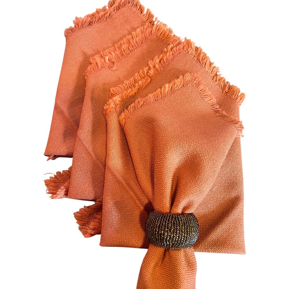 Vintage woven cloth napkins fringe edge burnt orange table dining party set 4